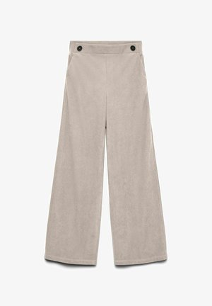 Pantalons évasés en tissu gris clair, dotés de deux boutons noirs à la taille et de poches latérales. Texture douce avec une subtil éclat.