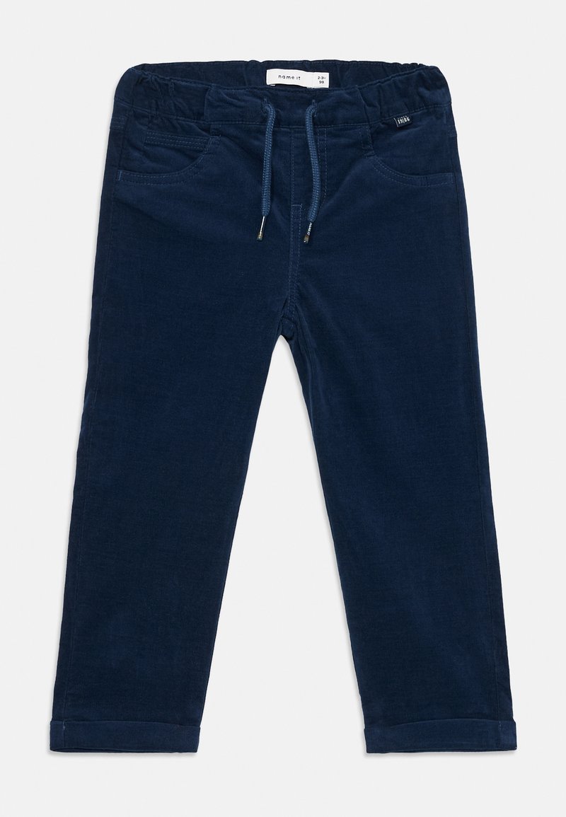 Mornarske plave dječje traperice od kordura s elastičnim pojasom, vezicom, prednjim džepovima i manžetama, veličina 2-3 godine.