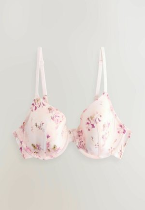 Vaaleanpunainen rintaliivi, jossa on kukkakuvio, muotoillut kupit, säädettävät olkaimet ja sileä satiinimainen pinta.