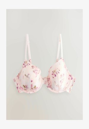 Büstenhalter mit Blumenmuster in Hellrosa, ausgestattet mit vorgeformten Cups, verstellbaren Trägern und einer glatten, satinähnlichen Textur.