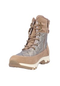 Bota impermeable en tonos marrón y gris con parte superior de nailon acolchado, acentos de ante, cordones redondos y suela de goma duradera. Presenta un cuello acolchado y cierre de cremallera.