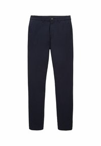 Marinblå, lätta bomullsbukser med slim fit, sidfickor och knäppning i midjan. Slät yta, inga mönster.