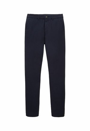 Námornícke modré, ľahké bavlnené nohavice so slim fit strihom, bočnými vreckami a gombíkovým zapínaním v oblasti pásu. Hladká textura, bez vzorov.