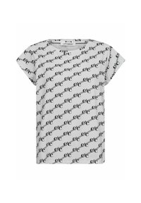 Tricou alb cu mânecă scurtă, featuring un model repetat de litere negre, guler rotund și croială lejeră. Material moale cu o textură fină.