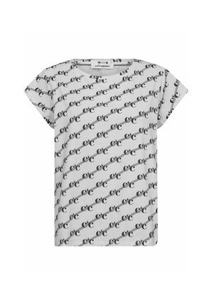 T-shirt bianca a maniche corte con un motivo ripetuto di lettere nere, scollo rotondo e vestibilità comoda. Materiale morbido con una texture liscia.