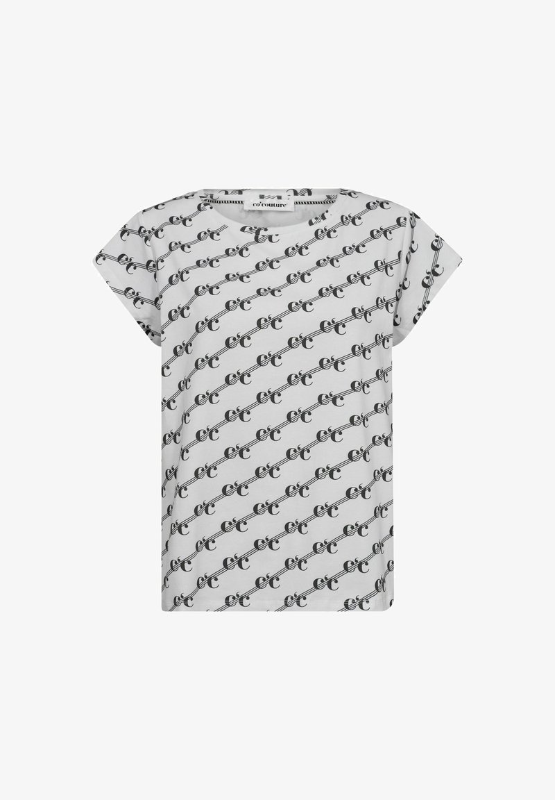 Balta trumpomis rankovėmis marškinėliai su pakartotiniu juodu raidžių raštu, su apvaliu iškirpimu ir laisvu siluetu. Minkšta medžiaga su lygiu paviršiumi.