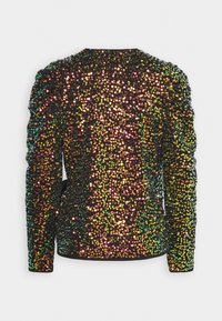 Maglietta nera a maniche lunghe coperta di paillettes iridescenti, con dettagli arricciati sulle spalle e una silhouette aderente. Tessuto dal tocco liscio con un effetto scintillante.