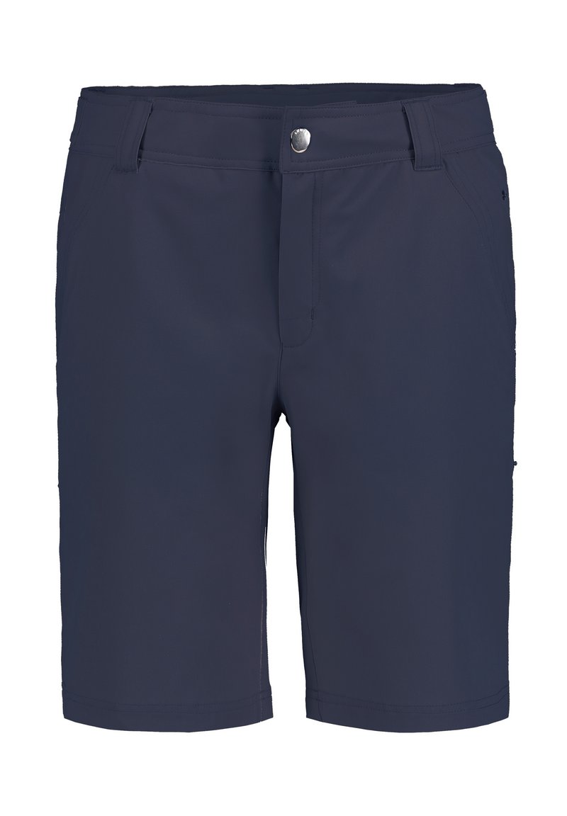 Marinblå shorts i lätt tyg, med dragkedja, knappstängning och två sidofickor för förvaring.