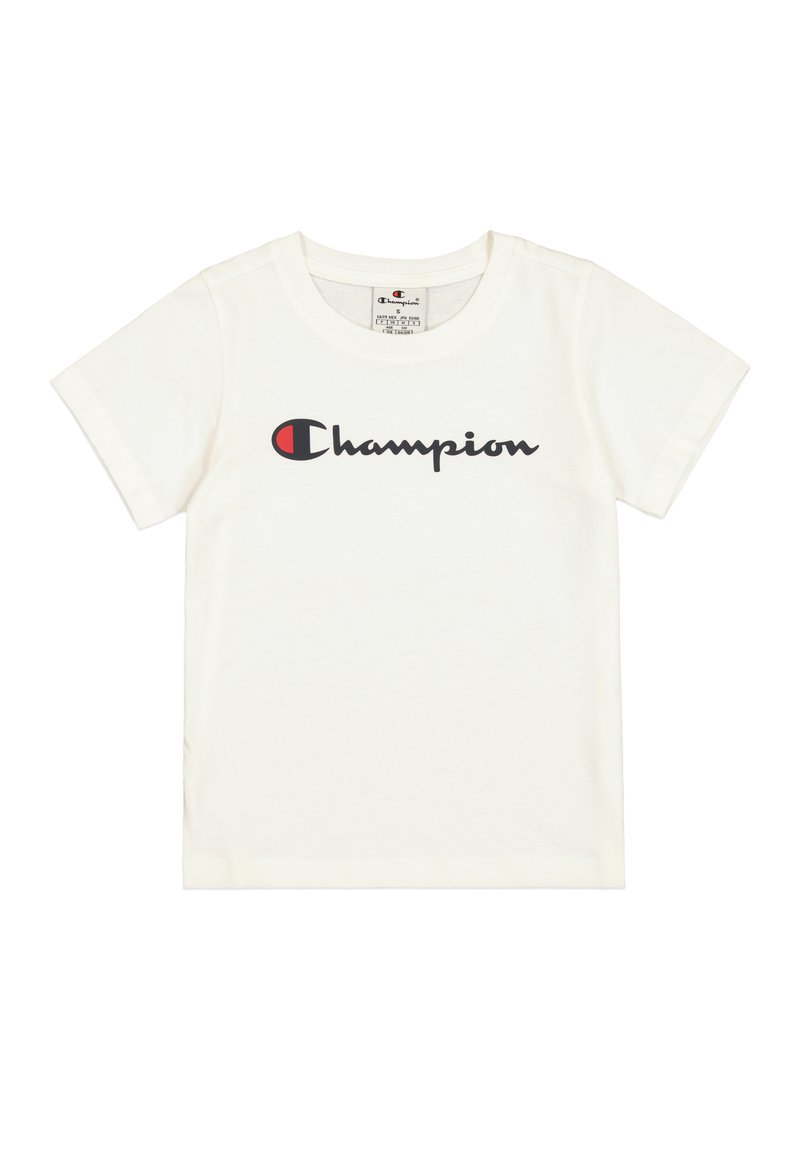 Camiseta de algodón blanca con un logo negro de "Champion" con acentos rojos. Manga corta y escote redondo clásico.