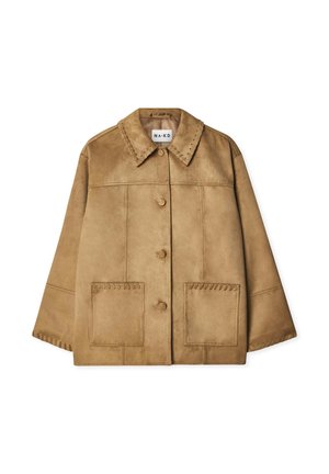 Brown faux suede jacket with a collar, front buttons, and two large pockets. Features stitched accents on pockets and neckline.
