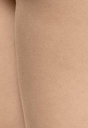 Nude-colored tights with a smooth, matte texture, featuring a seamless design and a slight sheen, designed for comfort and fit.