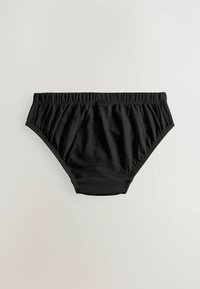 Schwarze Baumwollunterhose mit elastischem Bund und gerafften Seiten. Glatte Textur und schlichtes Design, ohne sichtbare Muster oder Akzente.