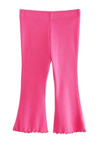 Rosa ribbade utsvängda leggings med en mjuk textur, utrustade med en vågig fåll och en elastisk midjeband för komfort och flexibilitet.