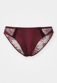 Bordo bikini hlaček z satensko sprednjo stranjo, čipkastima stranskima paneloma in dekorativnim šivanim obodom. Gladka tekstura s cvetnim čipkastim detajlom.