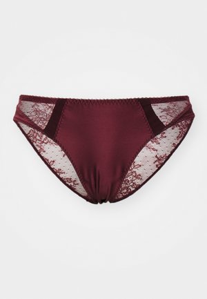 Cuecas de bikini em bordeaux com frente em cetim, painéis laterais em renda e acabamento decorativo costurado. Textura suave com detalhe em renda floral.