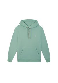 Muntgroene hoodie met een voorzak, een trekkoordkap en een klein boompje-logo op de borst. Gemaakt van zachte stof met een gladde textuur.
