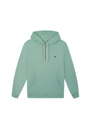 Mintgrüner Hoodie mit einer Vordertasche, Kapuze mit Kordelzug und einem kleinen Baum-Logo auf der Brust. Hergestellt aus weichem Stoff mit glatter Textur.