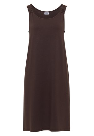 Robe sans manches marron foncé longueur genou avec encolure ronde et détails froncés sur les épaules.