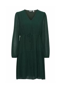 Vihreä, polvenpituinen mekko, jossa on V-pääntie, pitkät puffihihat, vyötäröllä solmittava yksityiskohta ja teksturoitu raidallinen kuvio. Puoliksi läpikuultavaa kangasta.