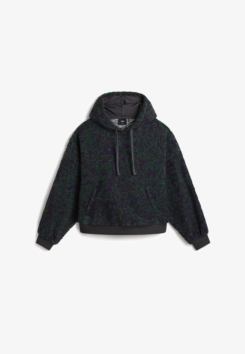 Sweat à capuche en polaire texturée vert foncé et noir, manches longues, poche avant, capuche avec cordon de serrage, poignets et ourlet élastiques.