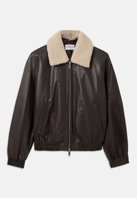 Dark brown leather jacket with beige shearling collar, front zipper, elastic cuffs, and two front pockets.