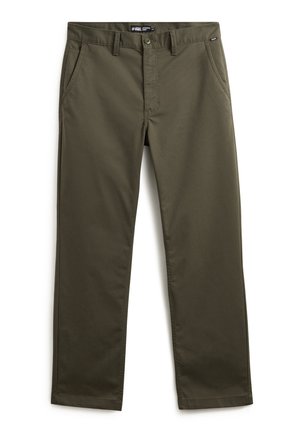 Pantalones Vans de pierna recta en verde oliva, con trabillas para el cinturón, cierre con botón, bolsillos delanteros y etiqueta Vans en la cintura.