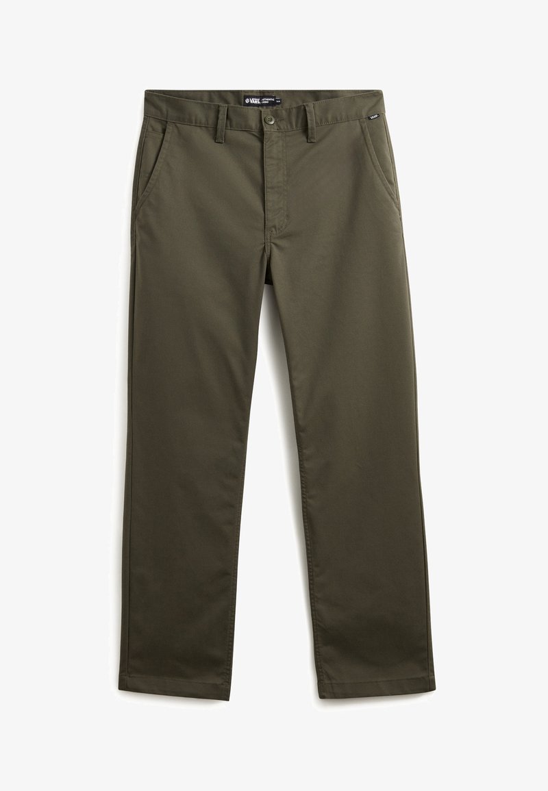 Pantalon Vans droit couleur vert olive avec passants de ceinture, fermeture par bouton, poches avant et étiquette Vans sur la ceinture.