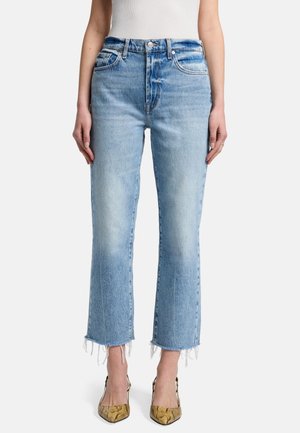 Jeans in denim azzurro chiaro con vita alta, gambe ampie e orli sfrangiati. Presentano uno stile classico a cinque tasche e una leggera scoloritura in tutto il capo.