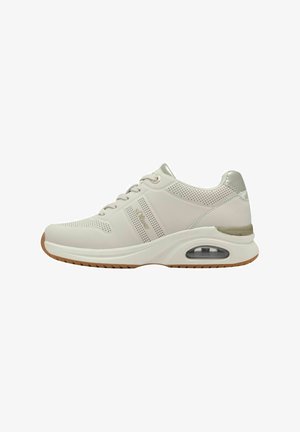 Scarpe da ginnastica bianche leggere con dettagli perforati, suola imbottita e una tasca d'aria trasparente. Presentano accenti argentati sul tallone.