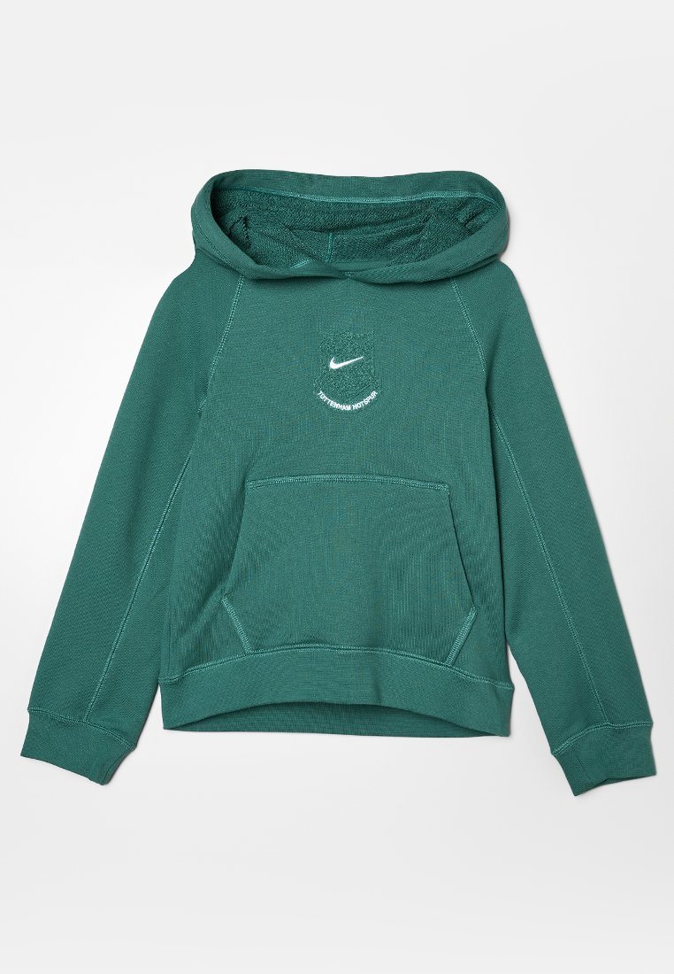 Sweat-shirt à capuche vert foncé avec poche kangourou, logo Nike blanc et texte "Tottenham Hotspur" centré sur la poitrine.