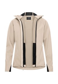 Beige Softshell-Jacke mit schwarzen Akzenten, Reißverschluss vorne und einem kapuzen mit Mesh-Futter. Verfügt über zwei Seitentaschen und eine flexible, glatte Textur.