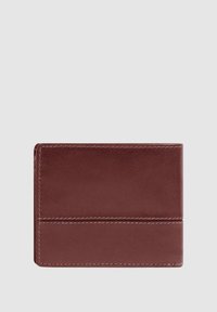 Burgundy leather wallet with smooth texture, bi-fold design, visible stitching, and multiple card slots on the front and inside.