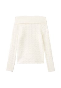 Bela pletena nedrđena sv sweater s teksturiranim uzorkom, dugim rukavima i širokim rebrastim izrezom. Skraćeni kroj.