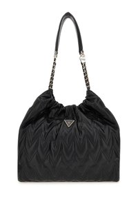 Borsa a tracolla nera trapuntata con una forma strutturata, dotata di una tracolla a catena e dettaglio con logo a triangolo. Tessuto strutturato con motivi a zig-zag.