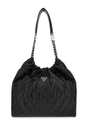 Borsa a tracolla nera trapuntata con una forma strutturata, dotata di una tracolla a catena e dettaglio con logo a triangolo. Tessuto strutturato con motivi a zig-zag.