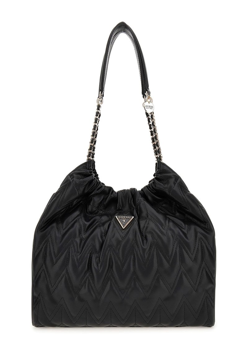 Borsa a tracolla nera trapuntata con una forma strutturata, dotata di una tracolla a catena e dettaglio con logo a triangolo. Tessuto strutturato con motivi a zig-zag.