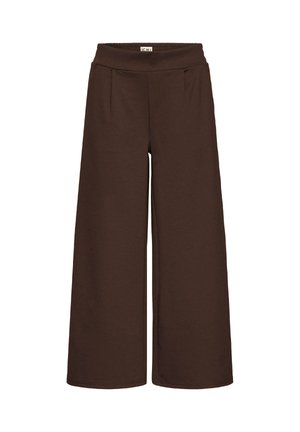 Pantalons marron à jambes larges en tissu doux, présentant une taille élastique haute et deux plis à l'avant pour un détail supplémentaire.