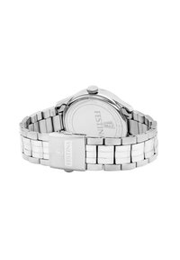 Nerūsējošā tērauda rokas pulkstenis ar sudraba krāsas saites aproci, apaļu korpusu un spīdīgu aizdari. Aizmugure ir gluda ar zīmola gravējumu.