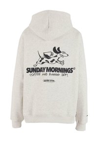 Felpa grigia in cotone morbido, con una grafica nera di un cane con una tazza di caffè. Il testo frontale recita "DEPARTAMENTO DEL Caffè E CORSA DELLE DOMENICHE MATTINA."