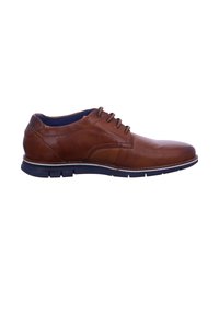 Braune Lederschuhe mit strukturiertem Finish, Schnürdesign, kontrastierendem marineblauen Innenfutter und Gummisohle mit weißen Akzentnähten.