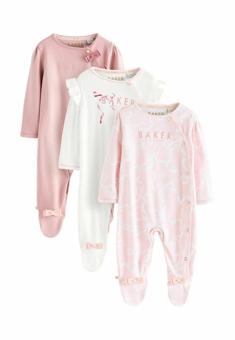 Tre tutine per neonati in rosa e bianco. In morbido cotone con chiusure a scatto, presentano fiocchi decorativi e un motivo a nastri giocoso.