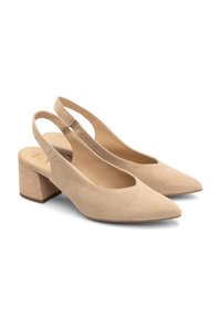 Beige nahkatossut, joissa on terävä kärki, matala paljaita korkeita korkoja ja leikattuja sivuja, joissa on minimalistischinen muotoilu ja sileä pinta.