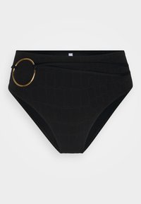 Aukštu liemeniu juodos spalvos bikini apatinės dalies, su tekstūriniu krokodilo raštu. Pabrėžia auksinę žiedą ant šlaunies ir švelnią, elastinę medžiagą.