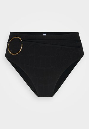 Crni bikini donji dio visokog struka s teksturiranim uzorkom krokodila. Ima zlatni prsten kao naglasak na kuku i glatku, rastezljivu tkaninu.