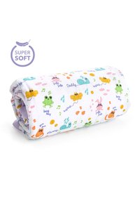Rolled baby blanket with colorful animal prints including frogs, snails, bees, rabbits, and cats, labeled "super soft."