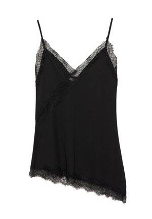 Camisola nera asimmetrica con spalline sottili, caratterizzata da un delicato pizzo lungo il neckline, cucitura diagonale e orlo.