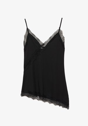 Camisola nera asimmetrica con spalline sottili, caratterizzata da un delicato pizzo lungo il neckline, cucitura diagonale e orlo.