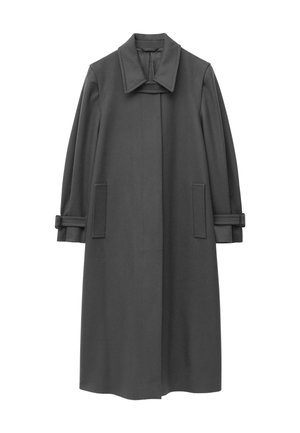 Gray wool coat with a high collar, long sleeves, and side pockets; features adjustable strap accents on the sleeves and a straight cut.