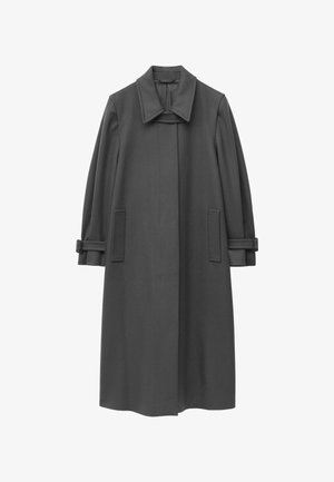 Gray wool coat with a high collar, long sleeves, and side pockets; features adjustable strap accents on the sleeves and a straight cut.