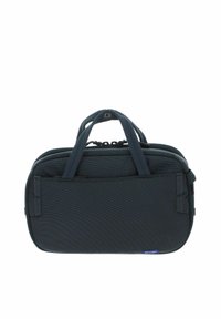 Sac de voyage rectangulaire bleu foncé avec deux poignées courtes, poche avant zippée et étiquette bluesign en bas à droite.